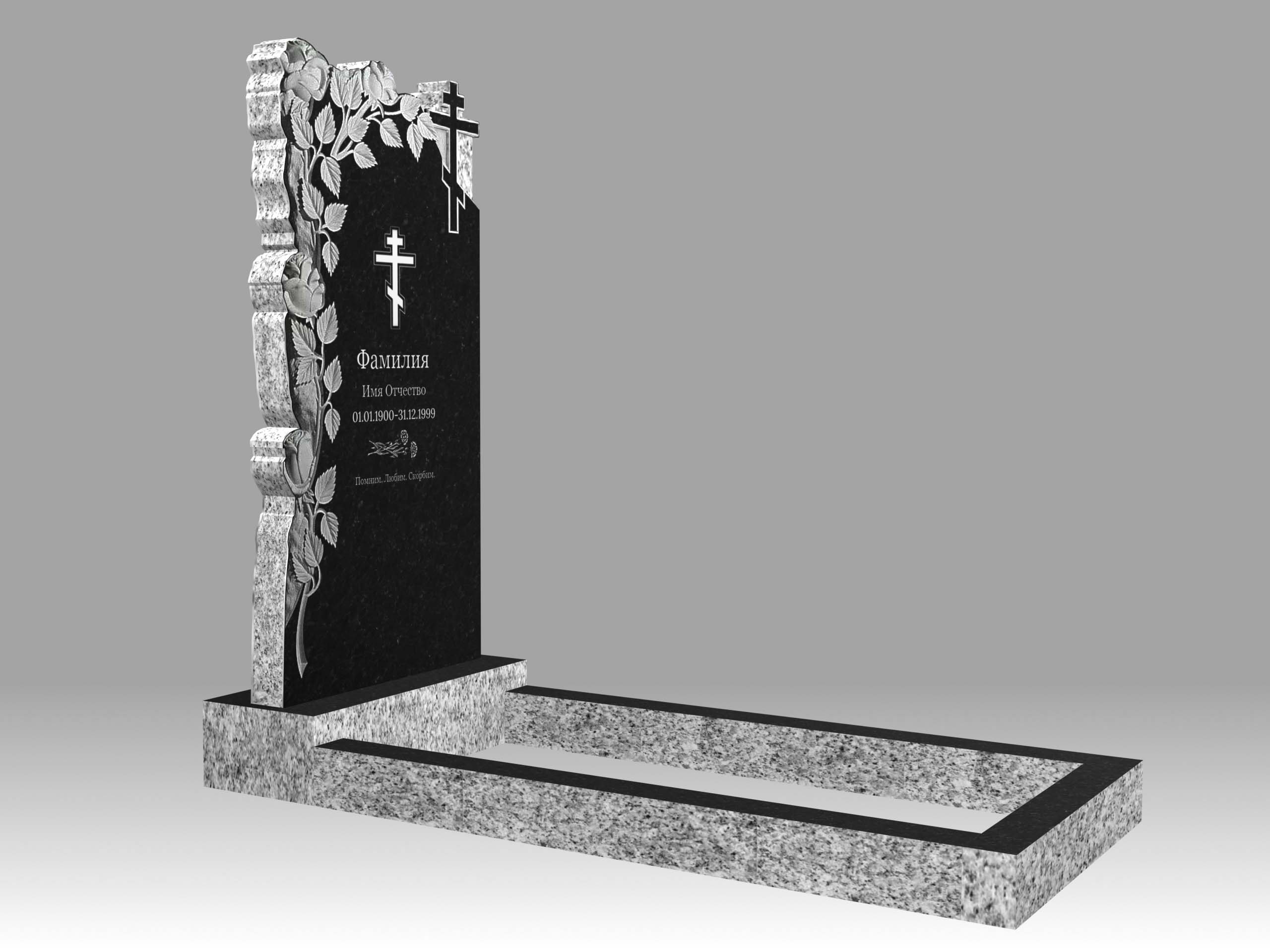 Памятник 17О цветы и крест с гравировкой и цветником 100х50