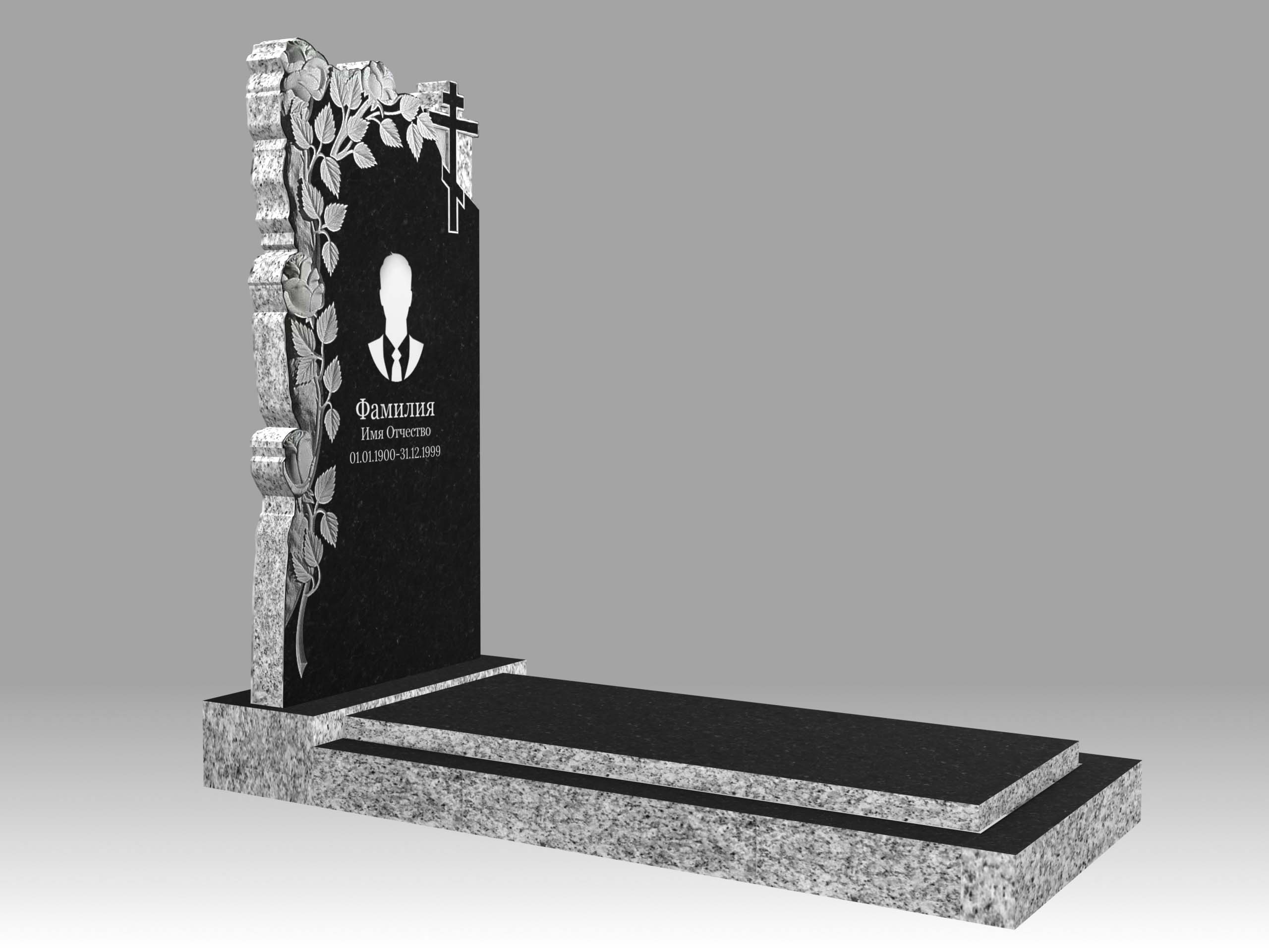 Памятник 17О цветы и крест с портретом, гравировкой, цветником и плитой 120х60